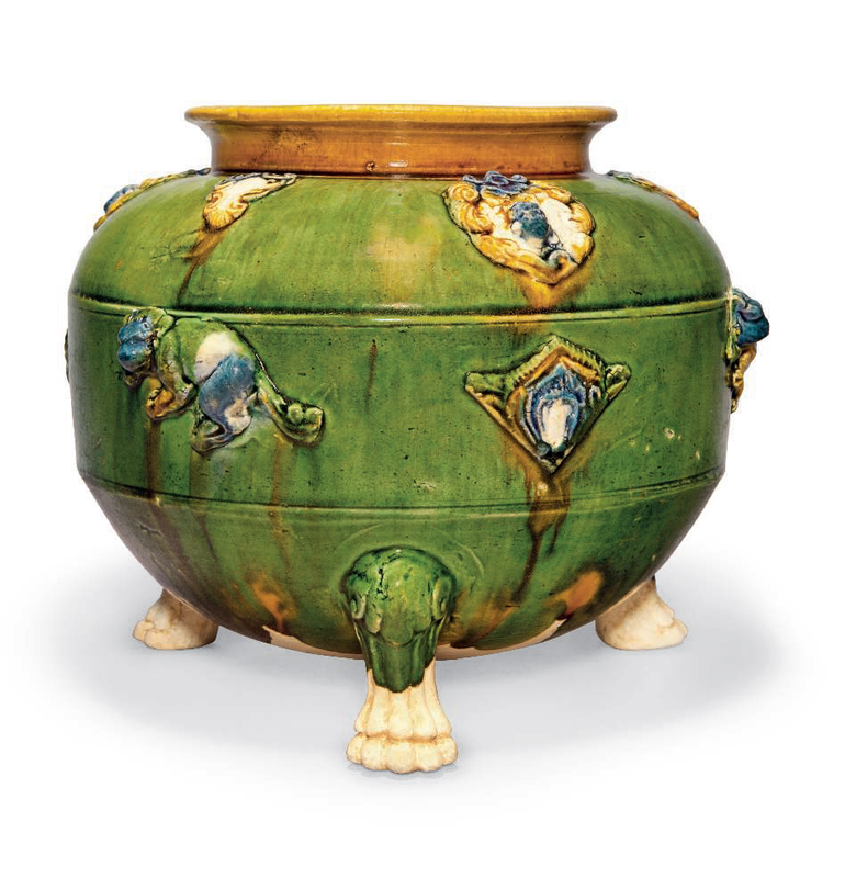 An unusual blue and sancai-glazed pottery tripod censer, Tang dynasty (AD 618-907)