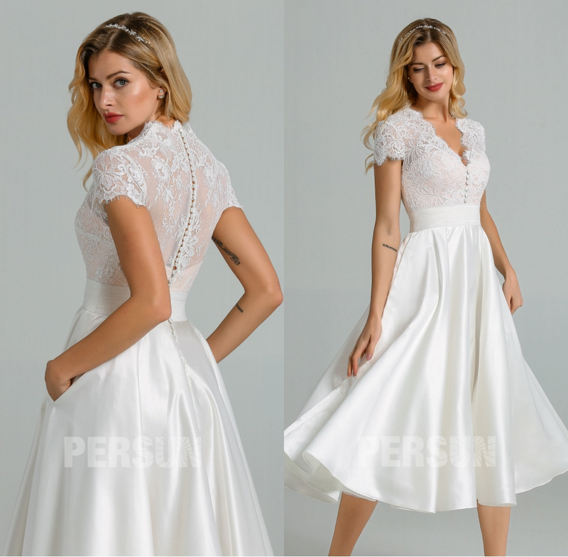 robe mariée civile midi col v haut dentelle à poches