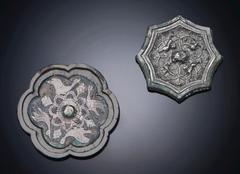 Two miniature silver-decorated bronze hexagonal mirrors, Tang dynasty (618-907)