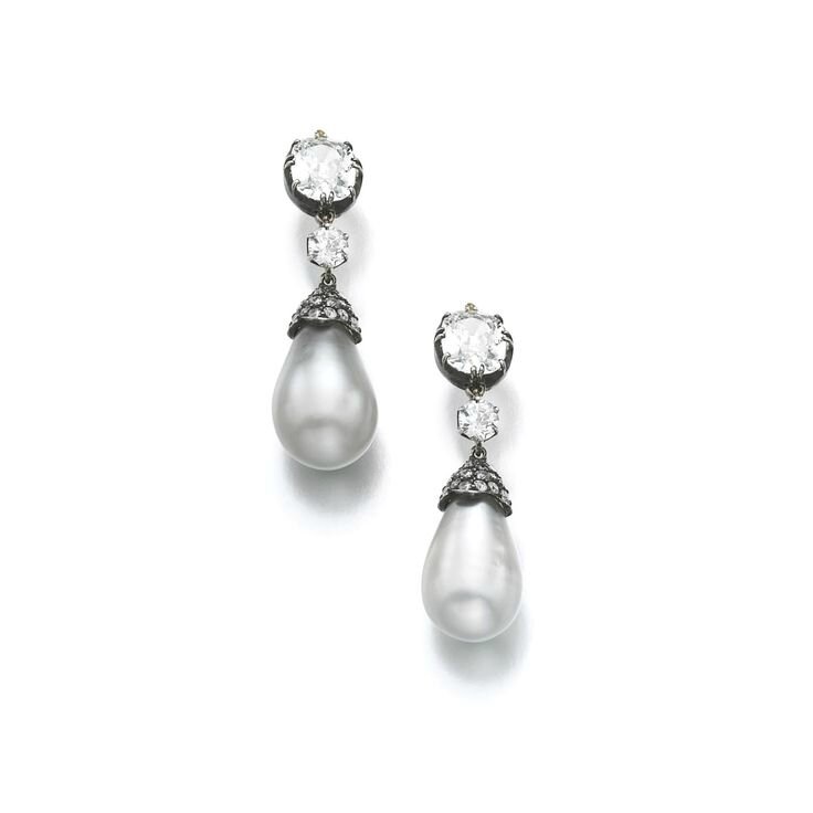 Pair of natural pearl and diamond earrings