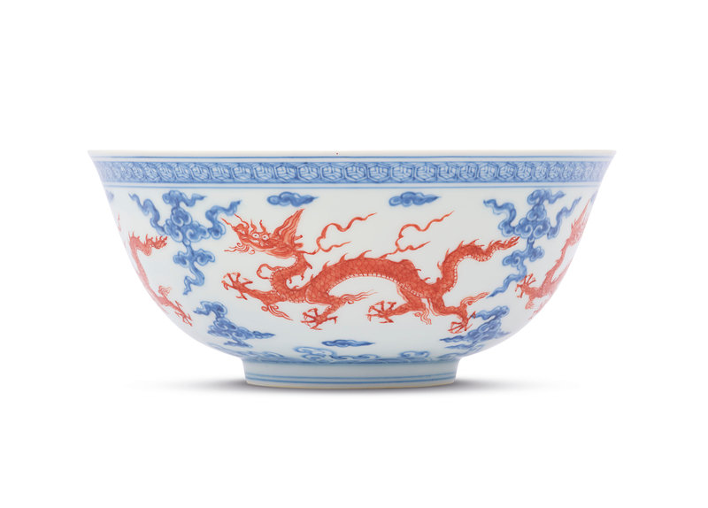 A Very Rare Large Iron-Red Decorated Blue And White ‘Dragon’ Bowl, Chenghua Period (1465-1487)