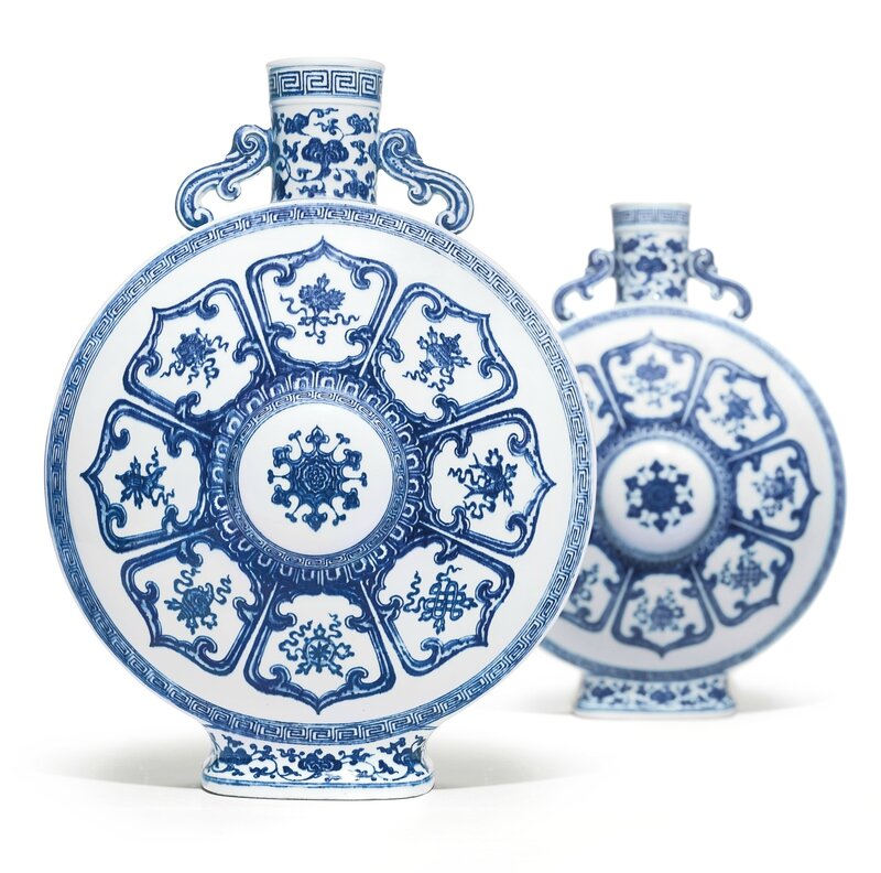 A rare pair of blue and white ‘Bajixiang’ moonflasks, Qianlong seal marks and period (1735-1796)