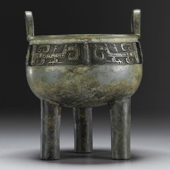 An archaic bronze ritual food vessel, ding, Shang dynasty, 12th-11th century BC