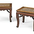 A rare pair of rectangular huanghuali <b>cabriole</b>-<b>leg</b> <b>stools</b> (changfangdeng), 17th century