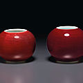 Two <b>copper</b>-<b>red</b>-<b>glazed</b> globular water pots, Qing dynasty, 18th century