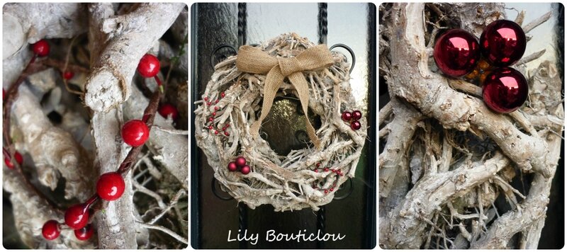 Noël couronne bois jute baies rouges lilybouticlou