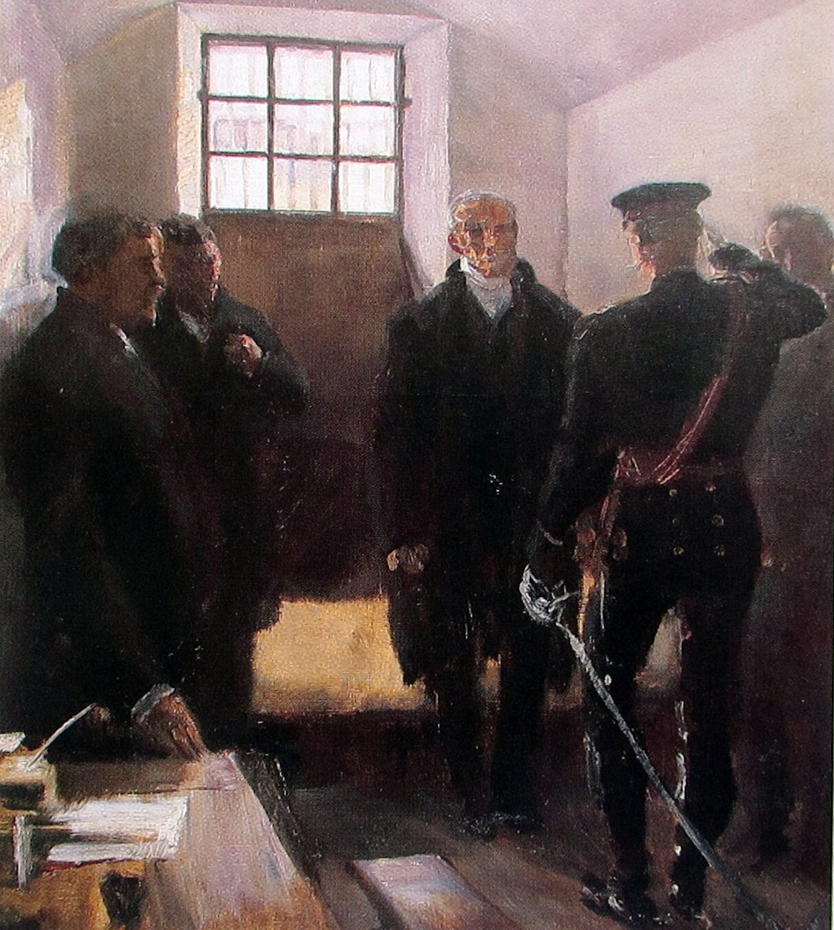 Dantan (Edouard) Rameau, Barruet-Perrault, Mainguet et Ed. Lefèbvre dans la prison de la rue Saint-Pierre, interrogés par le général Voights-Rhetz