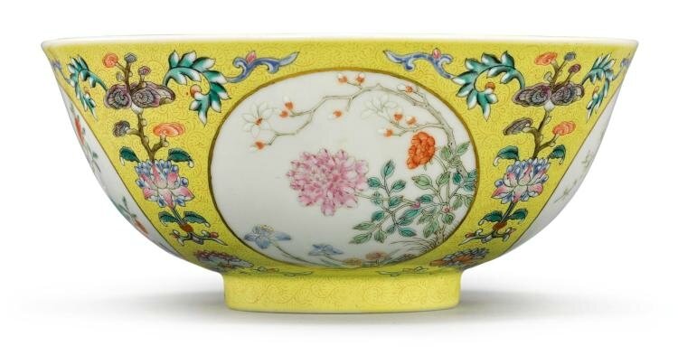 A yellow-ground famille-rose 'medallion' bowl, Daoguang seal mark and period