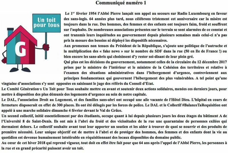 Un toit pour tous G;S communiqué n°1