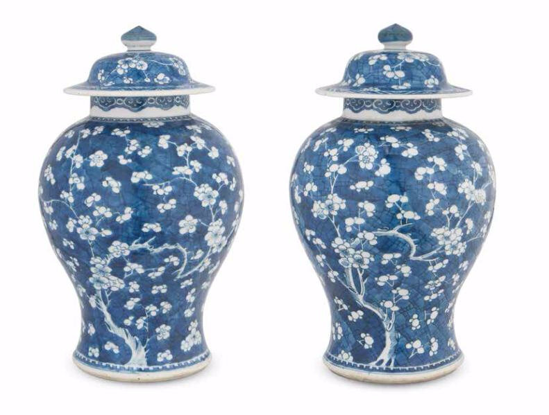 A pair of blue and white 'hawthorn' baluster jars and covers, Kangxi period (1662-1722)