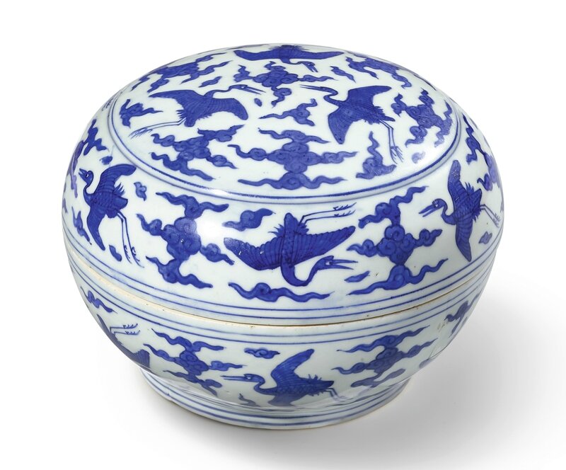 A blue and white 'crane' box and cover, mark and period of