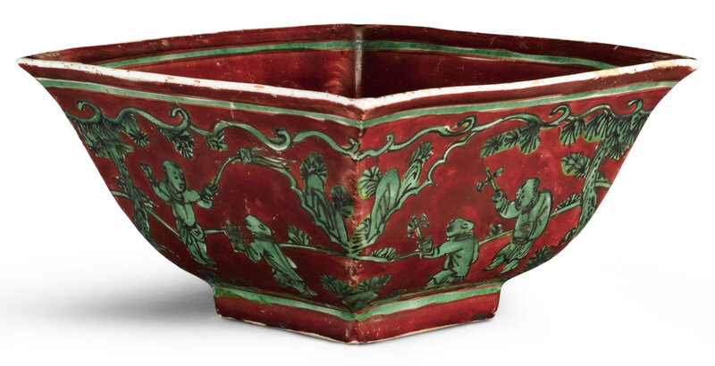 A red and green-enamelled 'boys' bowl, Jiajing mark and period (1522-1566)