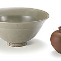 A <b>celadon</b>-<b>glazed</b> <b>bowl</b> and a 'Yaozhou' persimmon-<b>glazed</b> jar, Song dynasty (960-1279)
