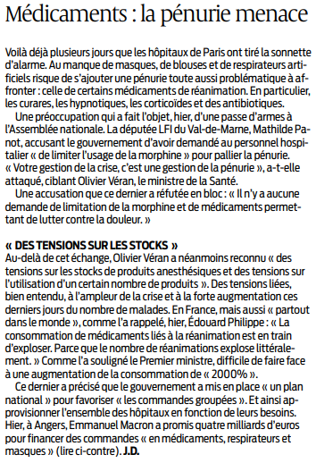 2020 04 01 SO Médicaments la pénurie menace