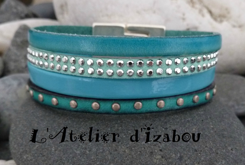 P1160473 Bracelet manchette multirangs cuir turquoise, fermoir aimanté