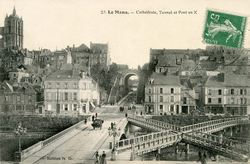 Carte-postale-Ancienne-Le-Mans-Cathédrale-tunnel-et-pont-en-X