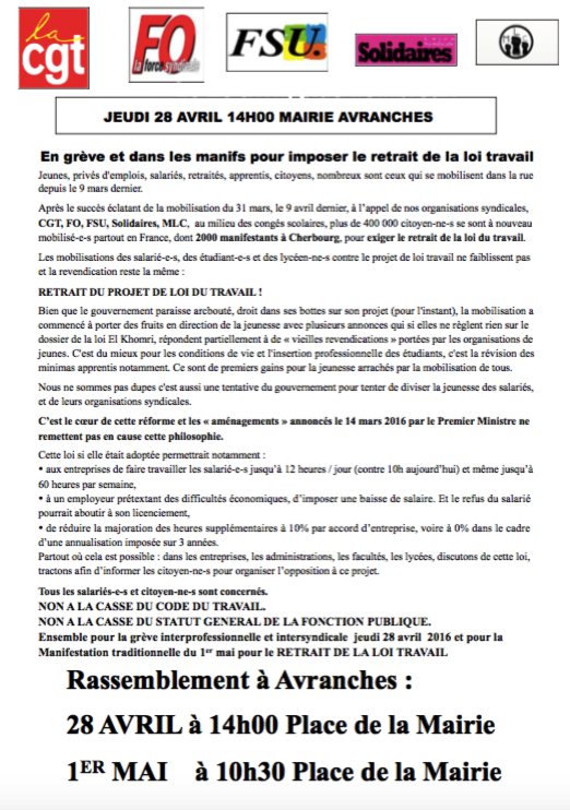 tract manifestation contre projet loi travail Avranches 28 avril 1er mai 2016