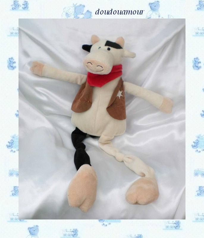 Doudou Peluche Vache Ecru Beige Noir Foulard Rouge Gilet Marron Crédit Agricole