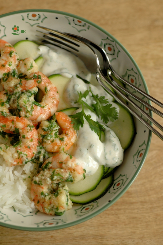 Bol de riz, crevettes ail & coriandre, courgette crue sauce lait de coco-citron-coriandre_3