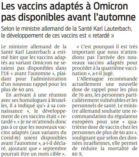 2022 03 30 SO Les vaccinbs adaptés à Omicron pas disponibles avant l'automne