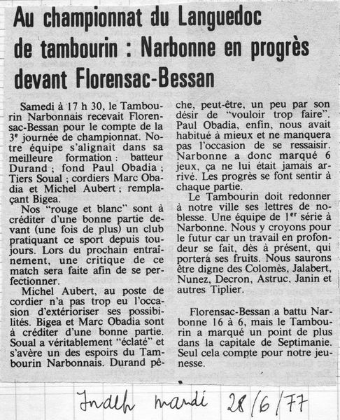 10- juin 77 Narbonne contre l'entente Bessan-Florensac