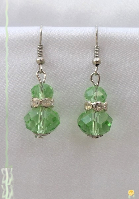 Boucles d'Oreilles Lany 2 Perles Cristal Facetté Vert Rondelle Strass Cristal Argent Du Tibet