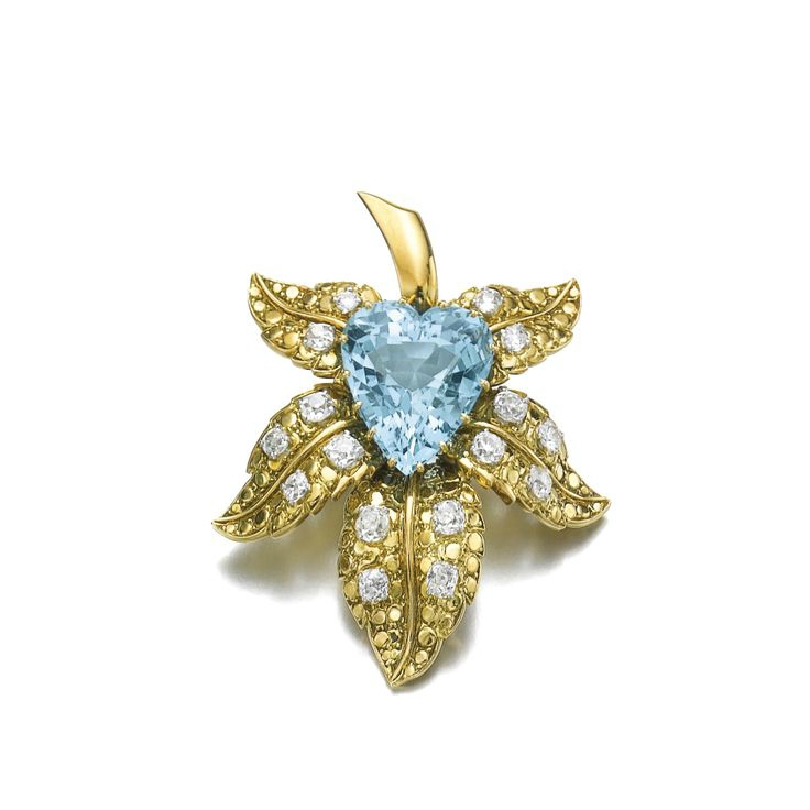 Aquamarine and diamond brooch, 'Feuille', René Boivin, circa 1950