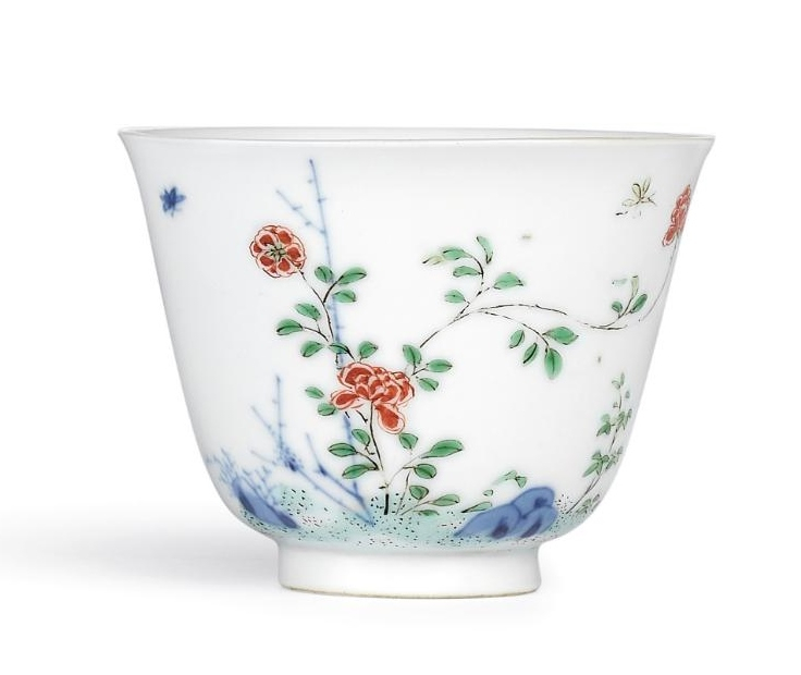 A fine and very rare wucai 'Rose' month cup, Mark and period of Kangxi (1662-1722)