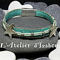 <b>Bracelet</b> étoiles et perles en daim bordé de chaine bleu-vert et daim vert d'eau Fantaisie et moderne, <b>bracelet</b> féminin