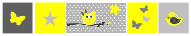 tour lit 5 coussins hibou papillons oiseau étoile gris jaune blanc