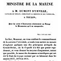 LETTRE du MINISTRE DE LA MARINE A M. DUMONT D'URVILLE, CAPITAINE DE FRÉGATE, COMMANDANT LA CORVETTE DU ROI L'<b>ASTROLABE</b>, A TOULON