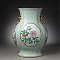 A magnificent and very rare famille-rose and <b>celadon</b>-<b>ground</b> vase, Seal mark and period of Qianlong