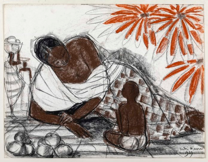 André-Maire-A-Malgache-reclining-with-a-Child-holding-a-Fruit-1959-50