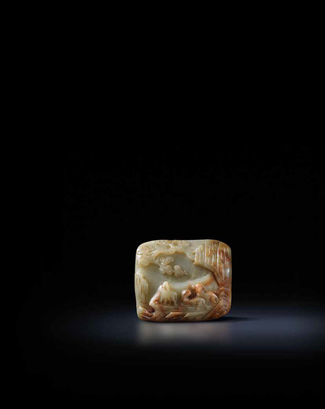 A rare Imperially-inscribed pale green and russet jade 'three rams' plaque, The jade Ming Dynasty, the inscription dated to renchen year of the Qianlong reign corresponding to 1772