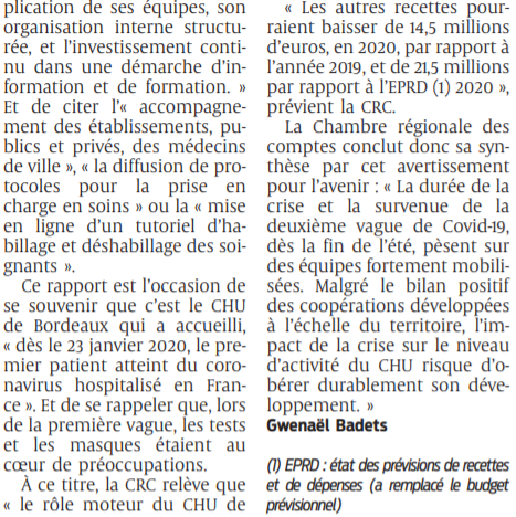 2021 10 14 SO Bordeaux le CHU a bien géré le Covid dit la Chambre régionale des comptes3