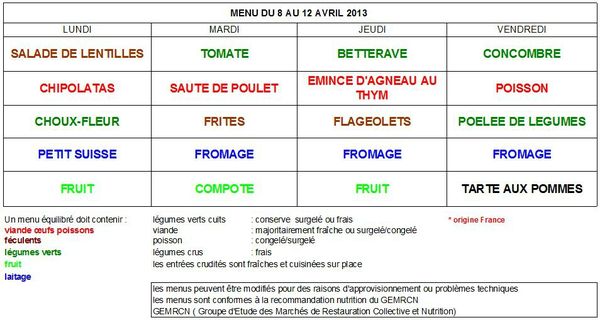 Menus Cantine 08 au 12 avril 2013