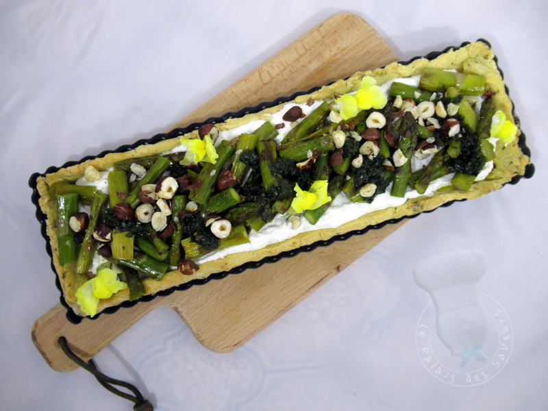 Tarte asperges, ricotta, ail des ours