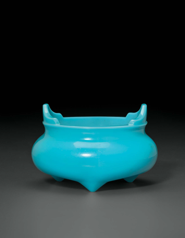 A rare opaque turquoise glass tripod censer, China, Qing dynasty, Qianlong four-character wheel-cut mark within a square and of the period (1736-1795)