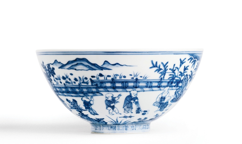 An outstanding blue and white 'Boys' Bowl, Ming Dynasty, Interregnum-Chenghua period