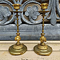 Anciens Bougeoirs <b>XIXème</b> Bronze Doré Décor de Mures, Abeilles & Scarabées 