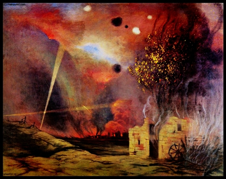 Valloton paysage de ruines et incendie 1914