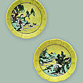 Two very rare famille verte yellow-ground lobed brush washers, Kangxi six-character marks and of the period (1662-1722)