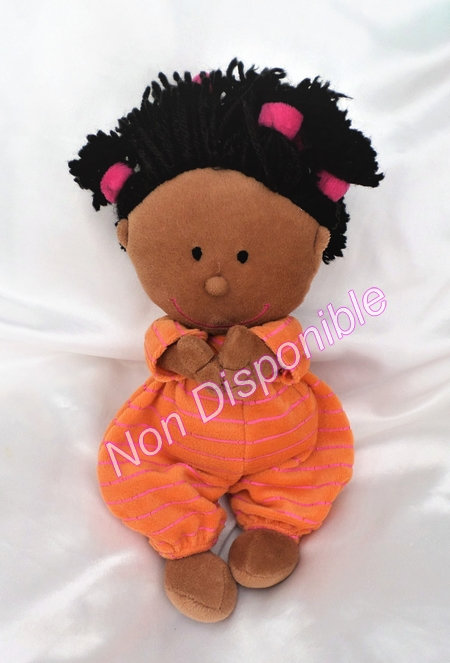 Doudou Poupée Peluche Chiffon Bébé Métisse Pyjama Orange Raures Rose Lilliputiens