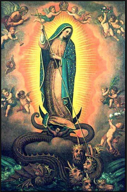 Marie reine des anges écrase les démons