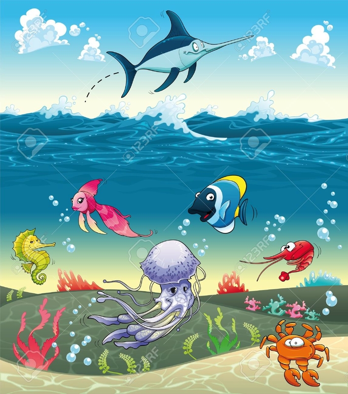 11268622-Sous-la-mer-avec-les-poissons-et-autres-animaux-Dr-le-de-bande-dessin-e-et-d-illustration-vectoriell-Banque-d'images