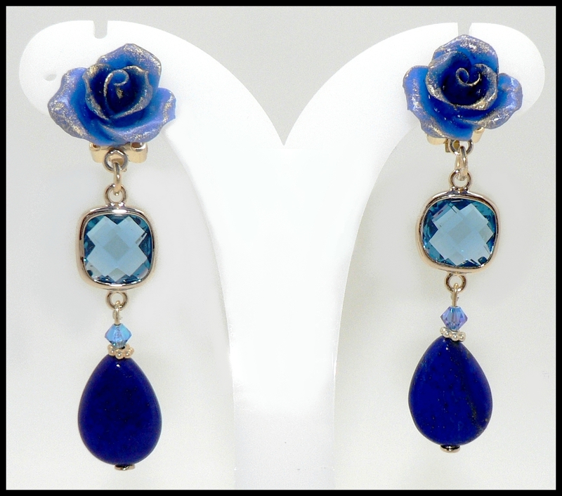 Clips roses bleues verre facetté lapis lazuli cristal