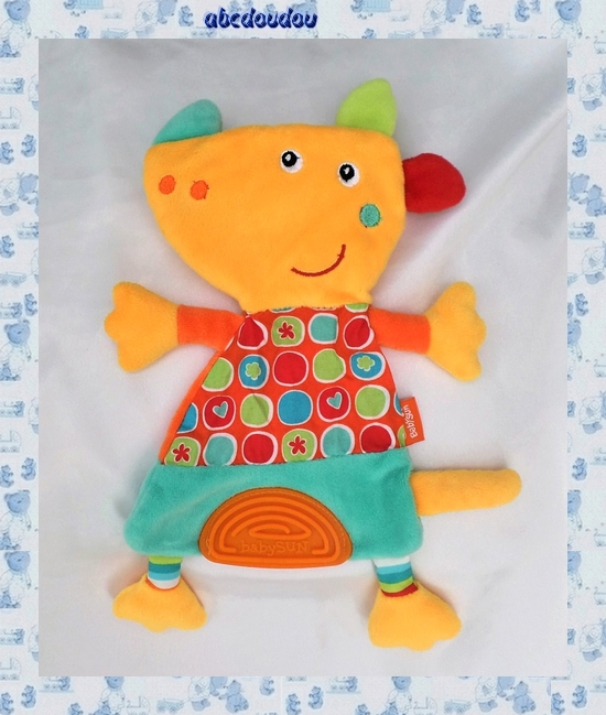 Doudou Peluche Plat Chien Orange Bleu Jaune Tissu Coton Ronds Fleurs Plaque De Dentition Babysun