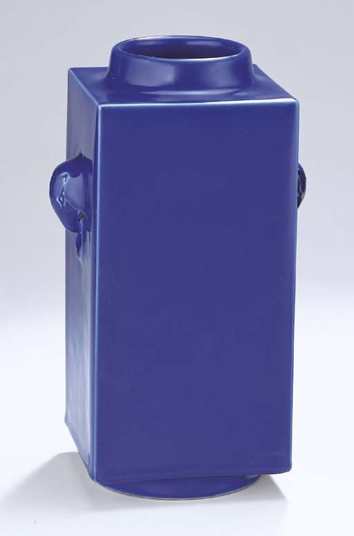 A fine blue-glazed square vase, cong, Qianlong six-character sealmark and of the period (1736-1795)