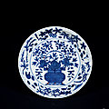 An Unusual <b>Underglaze</b>-<b>Blue</b> and Iron-Red ‘Flower Basket’ Dish, Mark and Period of Wanli