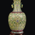 A large yellow-ground porcelain vase with storks and double pumkins-handles, China, Qing Dynasty,<b>Daoguang</b> <b>Mark</b> and Period 